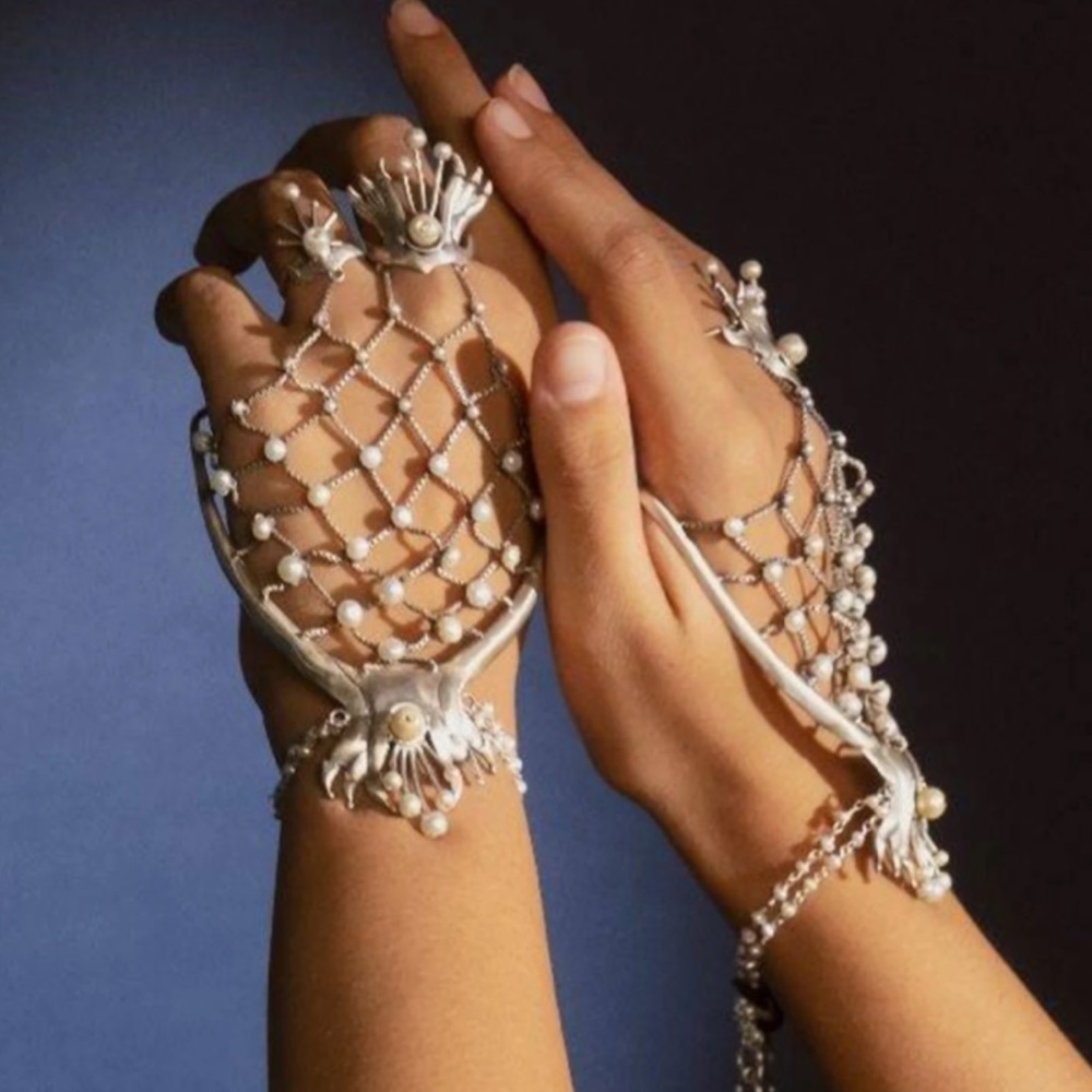 Silver Pearl Mesh Hand Bracelet - Women Jewelry Bracelets
